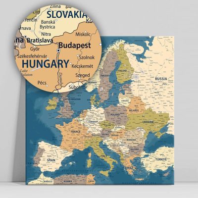 Európa térkép, vászonkép országok kék