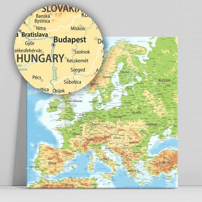 Európa térkép, vászonkép domborzati világoskék