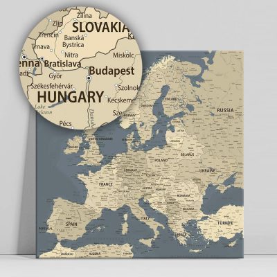 Európa térkép, vászonkép országok szürke