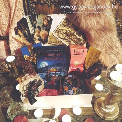 Lillafüredi karácsony ajándékcsomag - Prémium olvasóbox csokoládéval, teával, pezsgő alakú gyertyával