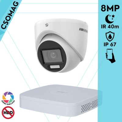 Hikvision 1 turret kamerás analóg megfigyelőrendszer 8 MP biztonsági kamera, 3.6 mm fix objektív, hibrid fény 40m, kültéri