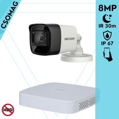Hikvision 1 cső kamerás analóg megfigyelőrendszer 8 MP biztonsági kamera, 2.8 mm fix objektív, IR led 30 m, IP67, fém ház, kültéri