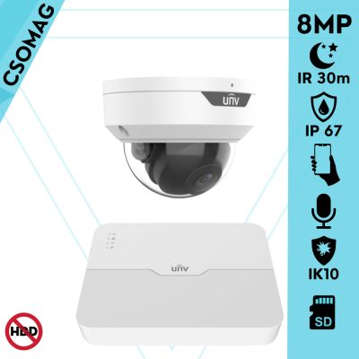 Uniview 1 dome kamerás IP megfigyelőrendszer 8MP biztonsági kamera, 2.8 mm-es fix objektívvel, SD kártya foglalattal, PoE, beépített mikrofonnal, IR LED 30m, IK10 vandálbiztos, kültéri