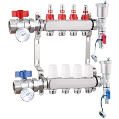 Fűtési osztó-gyűjtő 4 körös rozsdamentes acél, áramlásmérős fűtési elosztó padlófűtés számára