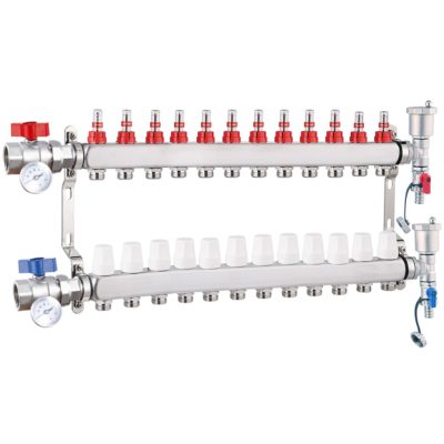 Fűtési osztó-gyűjtő 12 körös rozsdamentes acél, áramlásmérős fűtési elosztó padlófűtés számára