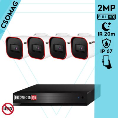 Provision 4 cső kamerás analóg megfigyelőrendszer 2MP HD Pro biztonsági kamera, inframegvilágítás 20m, 2.8mm fix lencse, 88° látószög
