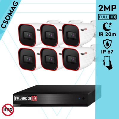 Provision 6 cső kamerás analóg megfigyelőrendszer 2MP HD Pro biztonsági kamera, inframegvilágítás 20m, 2.8mm fix lencse, 88° látószög