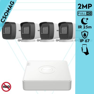Hikvision 4 cső kamerás analóg megfigyelőrendszer 2MP biztonsági kamera, IR 25m, beltéri és kültéri