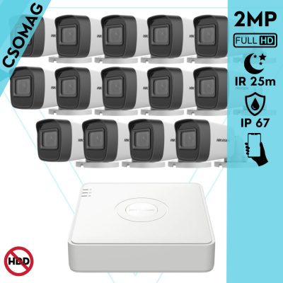Hikvision 14 cső kamerás analóg megfigyelőrendszer 2MP biztonsági kamera, IR 25m, beltéri és kültéri