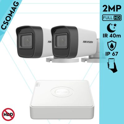 Hikvision 2 cső kamerás analóg megfigyelőrendszer 2MP biztonsági kamera, IR 40m, kültéri