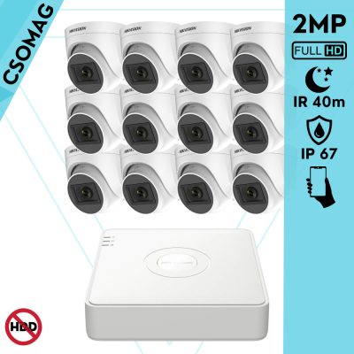 Hikvision 12 turret kamerás analóg megfigyelőrendszer 2MP biztonsági kamera, IR 40m, kültéri