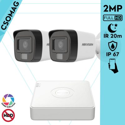 Hikvision 2 cső kamerás analóg megfigyelőrendszer 2MP biztonsági kamera, IR megvilágítás 20 m, fehér fény 20 m, kültéri