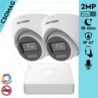 Hikvision 2 turret kamerás analóg megfigyelőrendszer 2MP biztonsági kamera, IR megvilágítás 40 m, fehér fény 20 m, beépített mikrofon, kültéri