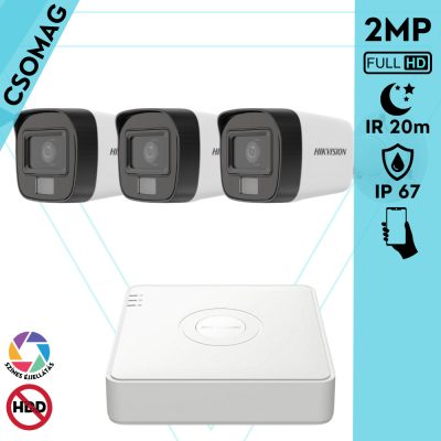 Hikvision 3 cső kamerás analóg megfigyelőrendszer 2MP biztonsági kamera, IR megvilágítás 20 m, fehér fény 20 m, kültéri