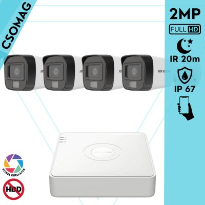 Hikvision 4 cső kamerás analóg megfigyelőrendszer 2MP biztonsági kamera, IR megvilágítás 20 m, fehér fény 20 m, kültéri