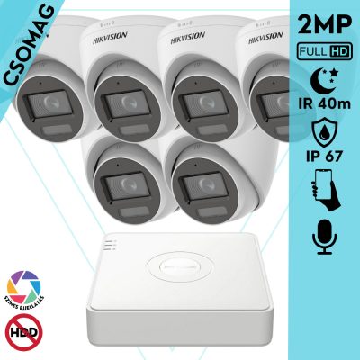 Hikvision 6 turret kamerás analóg megfigyelőrendszer 2MP biztonsági kamera, IR megvilágítás 40 m, fehér fény 20 m, beépített mikrofon, kültéri