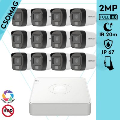 Hikvision 12 cső kamerás analóg megfigyelőrendszer 2MP biztonsági kamera, IR megvilágítás 20 m, fehér fény 20 m, kültéri