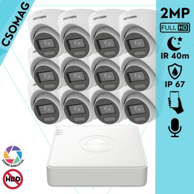 Hikvision 12 turret kamerás analóg megfigyelőrendszer 2MP biztonsági kamera, IR megvilágítás 40 m, fehér fény 20 m, beépített mikrofon, kültéri