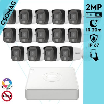 Hikvision 14 cső kamerás analóg megfigyelőrendszer 2MP biztonsági kamera, IR megvilágítás 20 m, fehér fény 20 m, kültéri