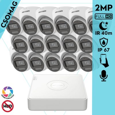 Hikvision 16 turret kamerás analóg megfigyelőrendszer 2MP biztonsági kamera, IR megvilágítás 40 m, fehér fény 20 m, beépített mikrofon, kültéri