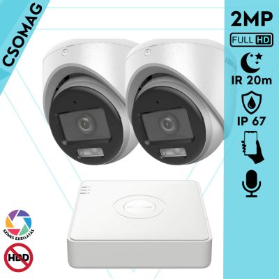Hikvision 2 turret kamerás analóg megfigyelőrendszer 2MP biztonsági kamera, ColorVu Dual-light látható fény 20m, beépített mikrofonnal, kültéri