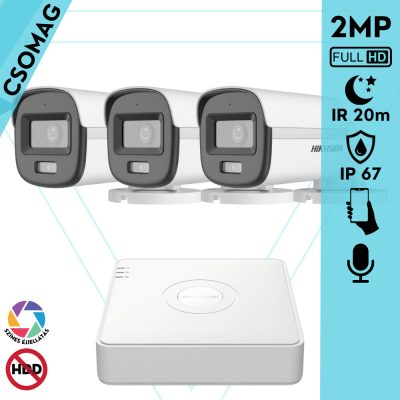 Hikvision 3 cső kamerás analóg megfigyelőrendszer 2MP biztonsági kamera, ColorVu Dual-light látható fény 20m, beépített mikrofonnal, kültéri