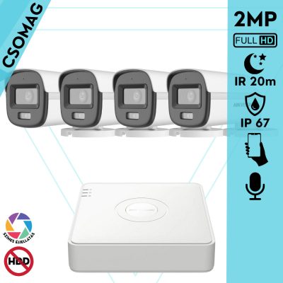 Hikvision 4 cső kamerás analóg megfigyelőrendszer 2MP biztonsági kamera, ColorVu Dual-light látható fény 20m, beépített mikrofonnal, kültéri