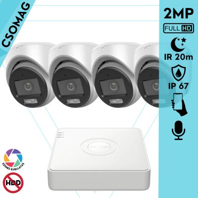 Hikvision 4 turret kamerás analóg megfigyelőrendszer 2MP biztonsági kamera, ColorVu Dual-light látható fény 20m, beépített mikrofonnal, kültéri