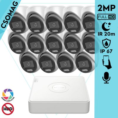 Hikvision 14 turret kamerás analóg megfigyelőrendszer 2MP biztonsági kamera, ColorVu Dual-light látható fény 20m, beépített mikrofonnal, kültéri