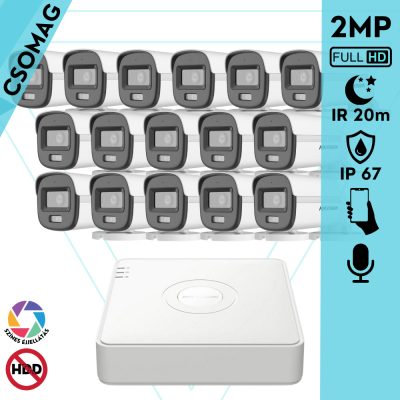 Hikvision 16 cső kamerás analóg megfigyelőrendszer 2MP biztonsági kamera, ColorVu Dual-light látható fény 20m, beépített mikrofonnal, kültéri