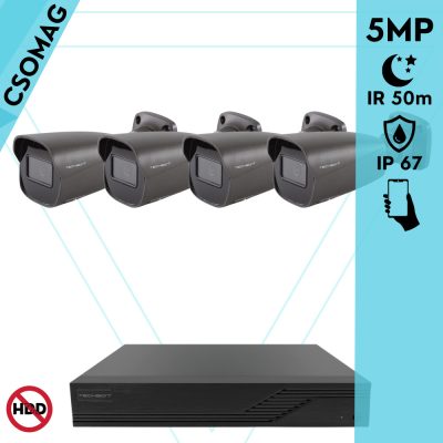 Techson 4 cső kamerás analóg megfigyelőrendszer 5MP HD cső biztonsági kamera, 2.8 mm fix objektívvel, antracitszürke fém ház