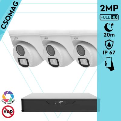 Uniview 3 turret kamerás analóg megfigyelőrendszer 2MP HD biztonsági kamera, 2.8 mm fix objektívvel, ColorHunter technológia