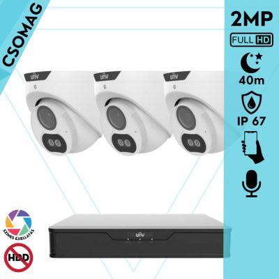 Uniview 3 turret kamerás analóg megfigyelőrendszer 2MP HD biztonsági kamera, 2.8 mm fix objektív, ColorHunter technológia, fém ház