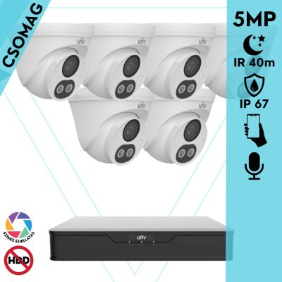 Uniview 6 turret kamerás analóg megfigyelőrendszer 5MP HD biztonsági kamera, 2.8 mm fix objektív, ColorHunter technológia, Dual light megvilágítással