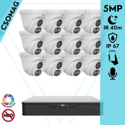 Uniview 12 turret kamerás analóg megfigyelőrendszer 5MP HD biztonsági kamera, 2.8 mm fix objektív, ColorHunter technológia, Dual light megvilágítással