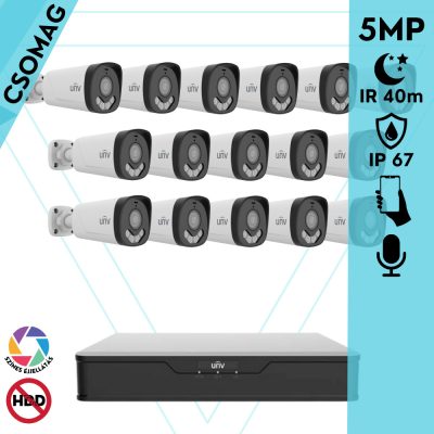 Uniview 16 cső kamerás analóg megfigyelőrendszer 5MP HD biztonsági kamera, 2.8 mm fix objektív, ColorHunter technológia, Dual light megvilágítással