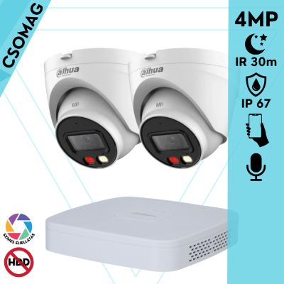 Dahua 2 turret kamerás IP megfigyelőrendszer 4MP HD turret biztonsági kamera, 2.8 mm-es fix objektívvel, PoE, beépített mikrofonnal, színes éjszakai kép, kültéri