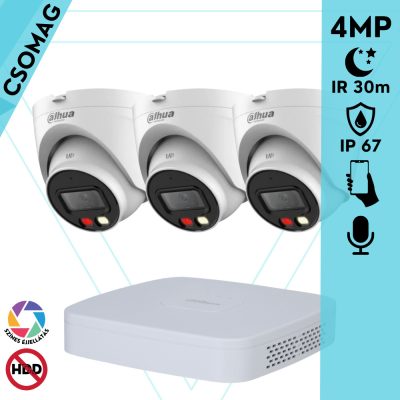 Dahua 3 turret kamerás IP megfigyelőrendszer 4MP HD turret biztonsági kamera, 2.8 mm-es fix objektívvel, PoE, beépített mikrofonnal, színes éjszakai kép, kültéri