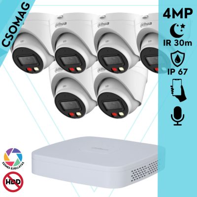 Dahua 6 turret kamerás IP megfigyelőrendszer 4MP HD turret biztonsági kamera, 2.8 mm-es fix objektívvel, PoE, beépített mikrofonnal, színes éjszakai kép, kültéri