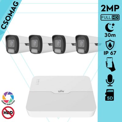 Uniview 4 cső kamerás IP megfigyelőrendszer 2MP HD biztonsági kamera, 2.8 mm-es fix objektívvel, SD kártya foglalattal, PoE, beépített mikrofonnal, fehér fénnyel, kültéri