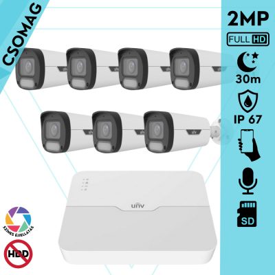 Uniview 7 cső kamerás IP megfigyelőrendszer 2MP HD biztonsági kamera, 2.8 mm-es fix objektívvel, SD kártya foglalattal, PoE, beépített mikrofonnal, fehér fénnyel, kültéri