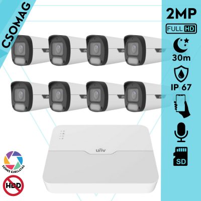 Uniview 8 cső kamerás IP megfigyelőrendszer 2MP HD biztonsági kamera, 2.8 mm-es fix objektívvel, SD kártya foglalattal, PoE, beépített mikrofonnal, fehér fénnyel, kültéri