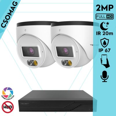 Techson 2 turret kamerás IP megfigyelőrendszer 2MP HD turret biztonsági kamera, 2.8 mm-es fix objektívvel, PoE, beépített mikrofonnal, hibrid fényű megvilágítás, kültéri, fém ház