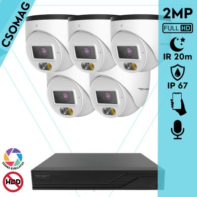 Techson 5 turret kamerás IP megfigyelőrendszer 2MP HD turret biztonsági kamera, 2.8 mm-es fix objektívvel, PoE, beépített mikrofonnal, hibrid fényű megvilágítás, kültéri, fém ház