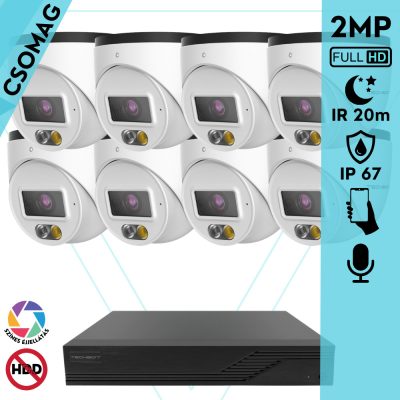 Techson 8 turret kamerás IP megfigyelőrendszer 2MP HD turret biztonsági kamera, 2.8 mm-es fix objektívvel, PoE, beépített mikrofonnal, hibrid fényű megvilágítás, kültéri, fém ház