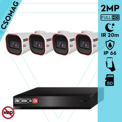 Provision 4 cső kamerás IP megfigyelőrendszer 2MP HD cső biztonsági kamera, 2.8 mm-es fix objektívvel, PoE, IR LED 20m, kültéri, fém ház