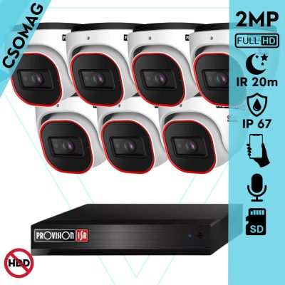 Provision 7 dome kamerás IP megfigyelőrendszer 2MP HD dome biztonsági kamera, 2.8 mm-es fix objektívvel, PoE, beépített mikrofonnal, IR LED 20m, kültéri, fém ház