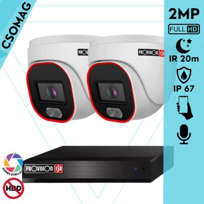 Provision 2 dome kamerás IP megfigyelőrendszer 2MP HD dome biztonsági kamera, 2.8 mm-es fix objektívvel, hibrid világítással, PoE, beépített mikrofonnal, IR 20m, kültéri