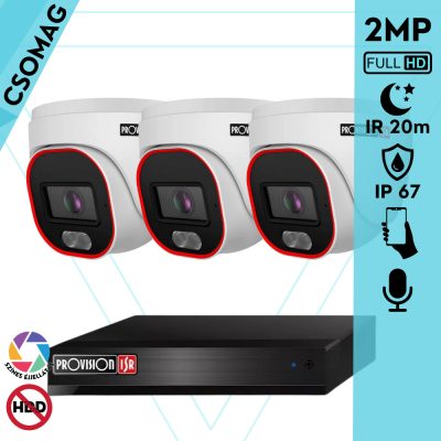 Provision 3 dome kamerás IP megfigyelőrendszer 2MP HD dome biztonsági kamera, 2.8 mm-es fix objektívvel, hibrid világítással, PoE, beépített mikrofonnal, IR 20m, kültéri