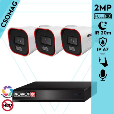 Provision 3 cső kamerás IP megfigyelőrendszer 2MP HD cső biztonsági kamera, 2.8 mm-es fix objektívvel, hibrid világítással, PoE, beépített mikrofonnal, IR 20m, kültéri